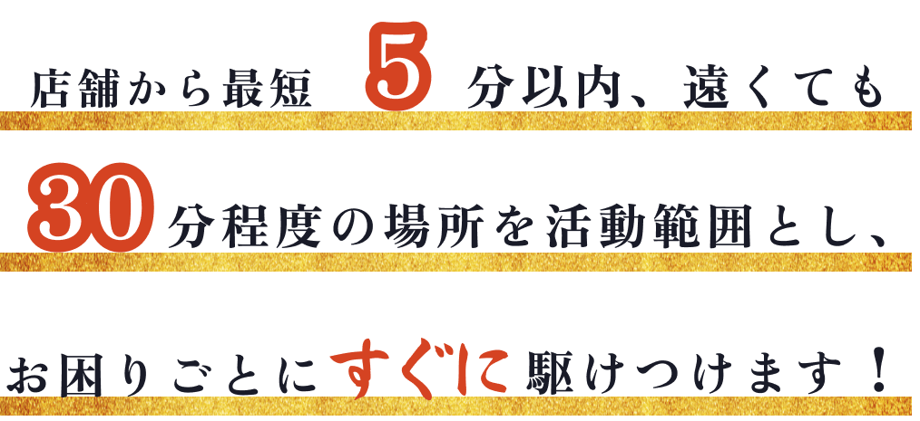 店舗から平均10分以内遠くても30分でお客様のお困りごとに駆けつけ