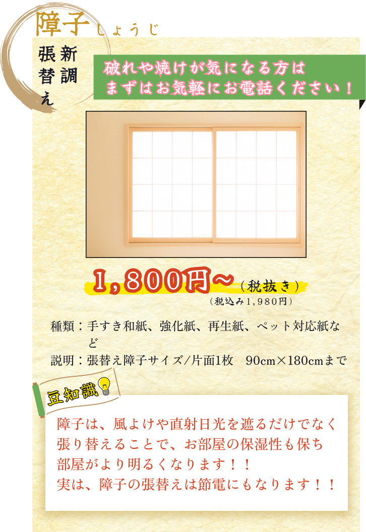 障子張替え新調サービス税込1980円から　張替え障子サイズ1枚幅90cm高さ180cmまで 張替え可能な障子紙の種類は手漉き和紙強化紙再生紙ペット対応紙など他にも様々な障子紙を取り揃えています 障子は風よけや直射日光を遮るだけでなく張替えることでお部屋の保湿性も保ち部屋がより明るくなるため節電効果があります